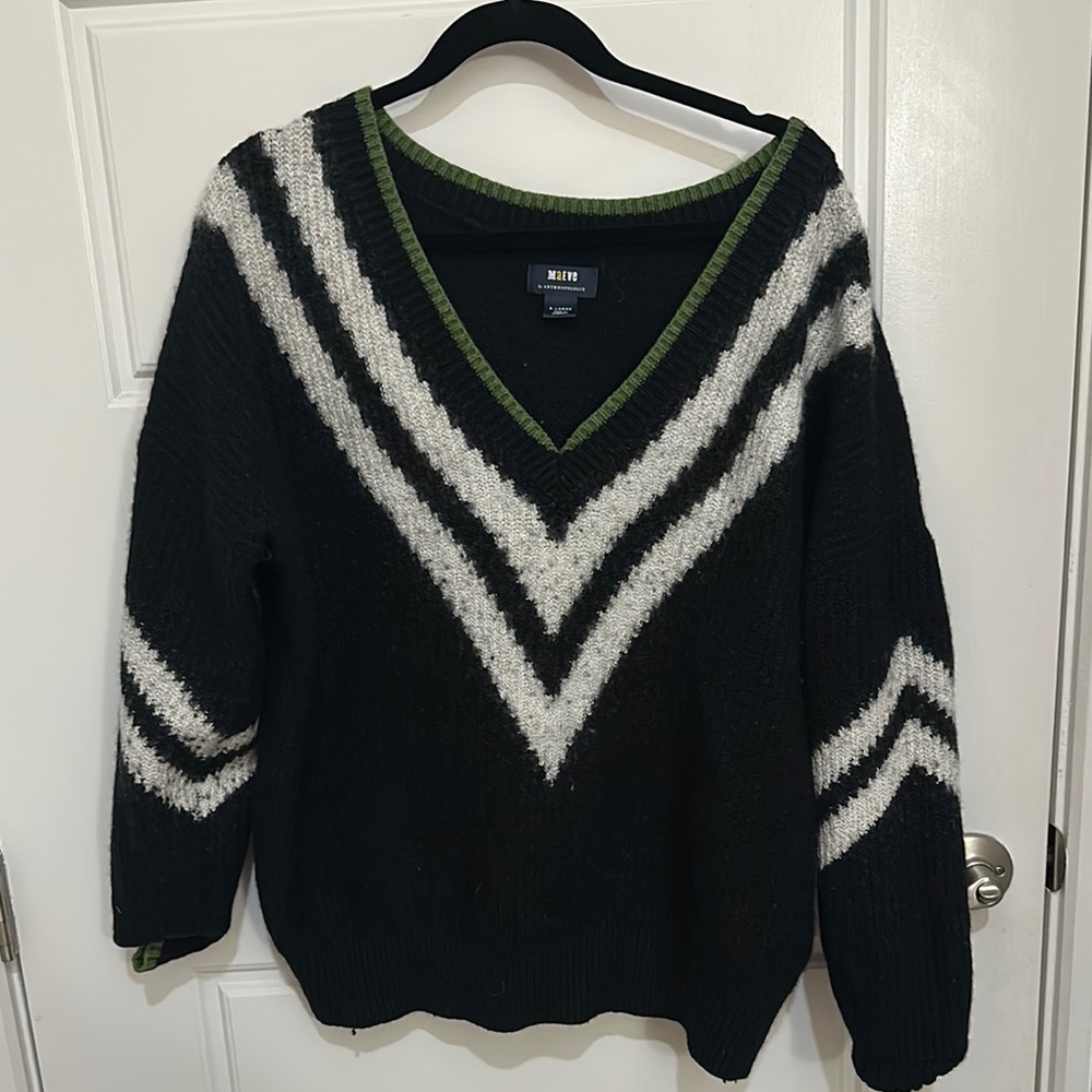 Maeve Black and White V-Neck Sweater with Chevron Pattern